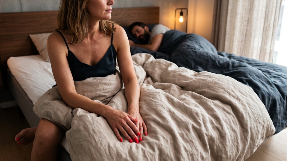En kvinde sidder vågen på sengekanten, mens hendes partner sover i baggrunden. Billedet illustrerer manglende sexlyst og overvejelser om testosteronbehandling til kvinder i overgangsalderen.
